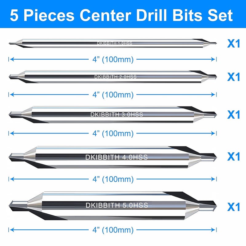 DKIBBITH 5pc Long Center Drill Bit Set, M2 HSS 60-Degree Angle 4'' Overall Length Center Drill Bits Kit, Countersink Tools for Metalworking Lathe Milling and Countersinking, Size 1.0 2.0 3.0 4.0 5.0 - Image 2
